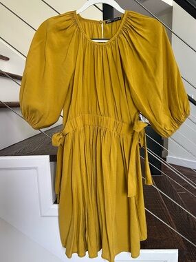 Zara Mustard Puff-Sleeve Tie-Waist Babydoll Mini Dress | Size: Medium